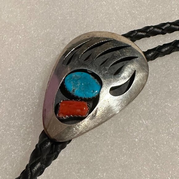 Vintage Navajo Turquoise and Coral Bear Claw Bolo Tie by Thomas Nez - Picture 9 of 9